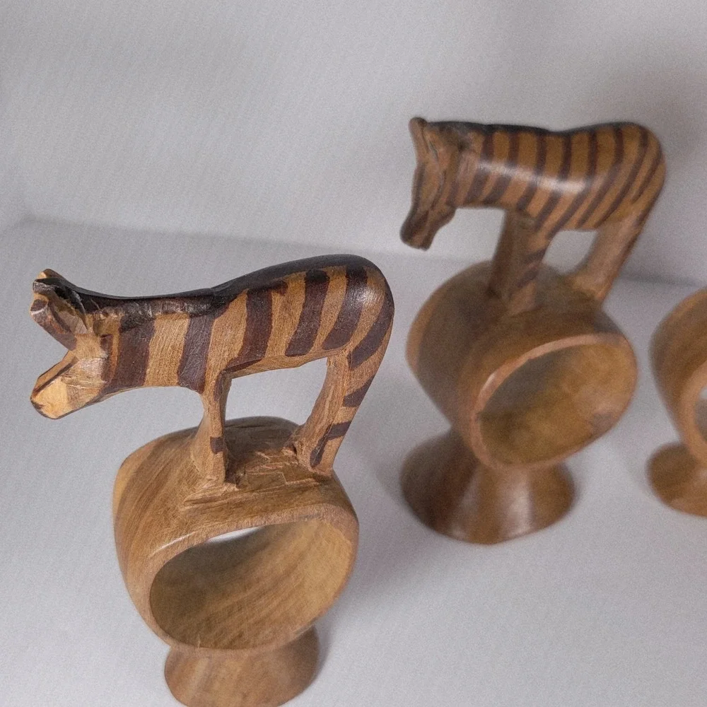 Vintage Hand Carved Wooden Safari Animal Napkin Rings Set of 4 African Wildlife